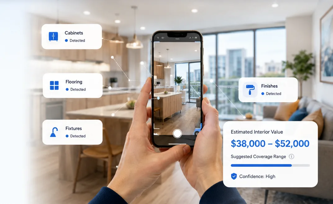 Phone camera scanning a condo room while AI detects cabinets, flooring, fixtures, and finishes