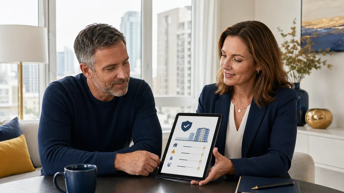 Condo owner reviewing a simple insurance coverage estimate with a local agent